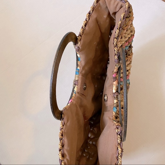 Women’s straw woven Bohemian Tan pink & Teal Braided round handle Beach bag - Picture 4 of 14